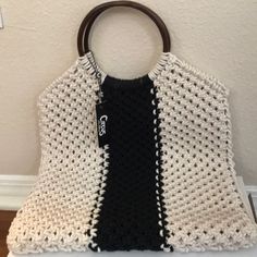 Gorgeous Woven Bag. Beautiful For Vacation Or Even Pair With A Scarf And Booties For Fall. Thick Woven 100% Cotton. Wooden Handles. 14” Measured From Top Of Black Stripe To Bottom. 13 1/2” Wide. Stunning Bag! Black Crochet Bag With Leather Handles, Black Crochet Bag With Leather Handles For Shopping, Handmade Black Satchel For Shopping, Black Crochet Tote Bag With Handles, Black Crochet Tote Bag With Top Carry Handle, Black Crochet Travel Bag With Handles, Handmade Black Hobo Bag For Shopping, Black Crochet Satchel With Braided Handles, Black Crochet Top Handle Bag For Everyday