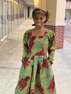 "AFRICAN PRINT DRESS, Beautiful African clothing for women Ankara long sleeve dress with head wrap  Length 45\" Poly cotton material  Contact me for questions about the dress" Traditional Green Long Sleeve Maxi Dress, Traditional Long Sleeve Green Maxi Dress, Dress African, Handmade African, African Print Dress, Nigerian Wedding, Tres Chic, African Attire, Head Wrap