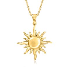 Ross-Simons - Italian 18kt Gold Over Sterling Sun Pendant Necklace. 18". Shine under your very own Tuscan sun! Direct from Italy, this 18kt yellow gold over sterling silver sun pendant necklace is a stylish symbol of energy, positivity and power. Suspends from a cable chain with a 2" extender. Lobster clasp, 18kt gold over sterling sun pendant necklace. Sun Charm Necklace, Sun Gold Necklace, Gold Sun Jewelry, Sun Pendant Necklace, Sunburst Jewelry, Sun Pendant Gold, Sun Accessories, Gold Sun Necklace, Italian Gold Jewelry