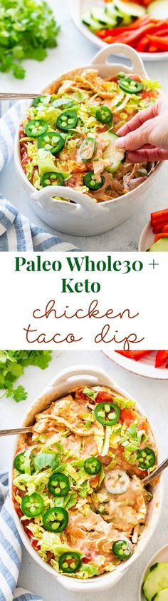 two images showing the process of making paleo wholeso keto chicken taco casserole