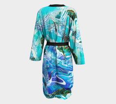 This is a beautiful blue long kimono robe depicting Japanese crane birds in the brilliant blue ocean in Summer. Inspired by vintage Japanese Crane Art, this tie-front kimono is created with modern lines for a thoroughly updated feel while playing with a vintage feel. For the full collection, visit us at: www.silktakuyo.com Belt is made of chiffon. Pick your belt and band colors: Black, Off White, Gray. Pick your fabric from the three choices of Sheer Poly Chiffon, Silky Stretch knit, or Cozy Pea Blue Long Sleeve Robe For Spring, Long Sleeve Blue Robe For Spring, Japanese Crane Art, Crane Art, Stormy Ocean, Mens Face Mask, Robe For Women, Japanese Crane, Blue Kimono