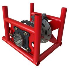 a red frame with gears attached to it