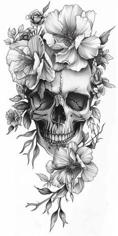 a skull with flowers on it's head is shown in this tattoo art design