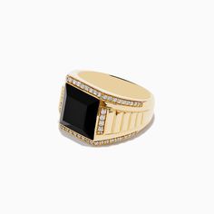 Effy Men's 14K Yellow Gold Onyx and Diamond Ring Classic Black Ring With 17 Jewels, Formal Black 14k Stamped Signet Ring, Black 14k Gold Signet Ring Fine Jewelry, Black 14k Gold Signet Ring, Mens Gold Onyx Ring, Black 14k Gold Signet Ring With Gemstone, Luxury Yellow Signet Ring, Luxury Yellow Gemstone Men's Ring, Luxury Men's Yellow Gold Onyx Ring