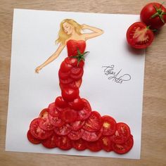 a drawing of a woman in a dress made out of tomatoes