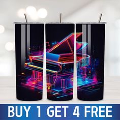 three tumblers with the image of a piano and neon lights