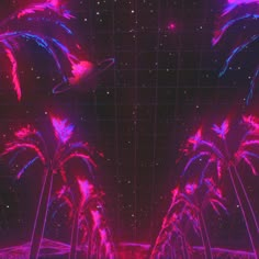 palm trees in front of a black background with pink and blue lights