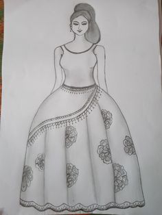 a drawing of a woman in a dress with flowers on the bottom and sleeves, is shown