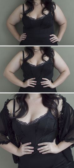 three photos of a woman in black clothing with her hands on her hips and the bottom half of her body