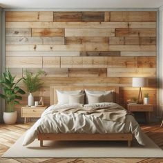 a bedroom with wood paneling on the wall