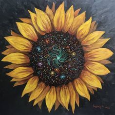 a painting of a sunflower on a black background