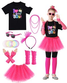 80s Costumes For Kids, Dress Like The Decades Kids, 80s Outfits For Kids, Decade Dress Up Day School, 80 Toddler Costume, 80s Costume Toddler Girl, Girls 80s Outfits Kids, Kids 80s Outfit Ideas, Outfits For Girls Kids