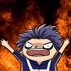 an anime character with his arms in the air and fire behind him, as if he is screaming