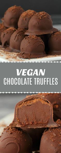 chocolate truffles stacked on top of each other with the words vegan chocolate truffles above them