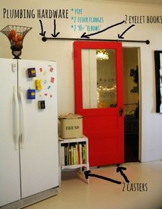 a red door is in front of a white refrigerator and bookshelf with instructions on how to use it