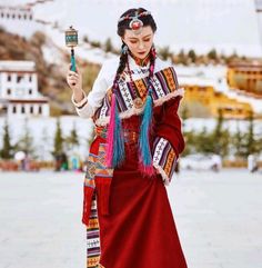 Chinese Tibetan Robe Women Red Winter Thick Stage Dress Traditional Ethnic Style Dance Long Tibetan Clothing, Stage Dress, Style Dance, Robe Women, Dress Traditional, Asian History, History Fashion, Women's Robe, Ethnic Style