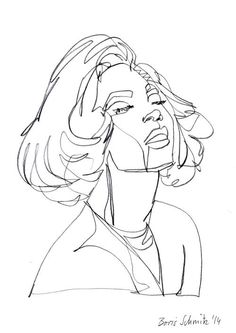 a black and white drawing of a woman's face with her hair pulled back