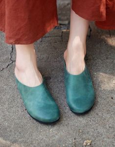 Handmade Retro Leather Flat Slippers — Obiono Casual Green Leather Clogs, Green Leather Slip-on Mules, Green Casual Mules With Leather Footbed, Green Mules With Leather Footbed, Green Flat Heel Comfortable Slippers, Green Comfortable Flat Heel Slippers, Green Slip-on Mules, Green Mules With Leather Sole And Round Toe, Comfortable Green Slippers With Flat Heel