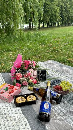 a picnic table with food and drinks on it in the grass near flowers, trees