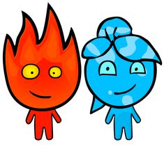 two cartoon characters standing next to each other in front of a fire and sky background