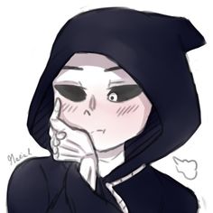 a drawing of a person with black eyes and a hoodie