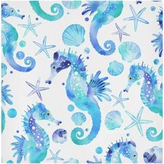 blue seahorses and starfish on white background with watercolng effect in the middle