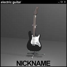 an electric guitar sitting on top of a metal stand with the name nicknamee