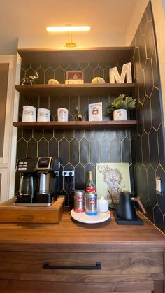 the coffee bar is organized and ready for customers to use