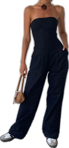 High Waist Strapless Jumpsuit With Pockets, Casual Cotton Strapless Jumpsuit With Pockets, Casual Strapless Jumpsuits And Rompers With Pockets, Solid Color Summer Jumpsuits With Wide-leg Pants, Solid Color Summer Jumpsuits And Rompers With Wide-leg Pants, Black Cotton Jumpsuit For Summer, Summer Solid Color Wide-leg Jumpsuits And Rompers, Summer Wide-leg Jumpsuits And Rompers In Solid Color, Casual Cotton Strapless Fitted Jumpsuit