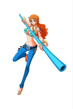 an anime character is holding a giant blue tube and posing for the camera with her arms outstretched