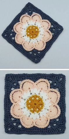 crocheted granny square with flower in the middle and another photo showing it's border