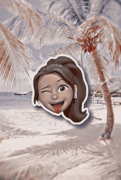 a woman sticking her tongue out in front of a palm tree on the beach with mountains in the background