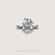 a travel logo with an airplane flying over the earth and text that reads, your travel logo