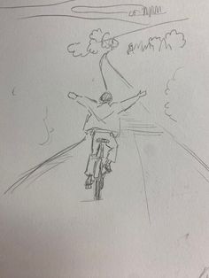 a drawing of a person riding a bike on a road with trees in the background