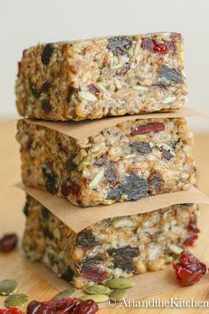 three homemade granola bars stacked on top of each other with the words, fuel to go