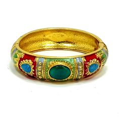 Vintage 80's Gold Tone Ornate Multi Colour Enamel Hinged Cuff Bangle Bracelet Pearlescent pastel colours with some deep red. Clear green glass cabochons are set as the main focal point on both side that have a slight rolling cats eye effect. Diameter: 2.39 inches Circumference: 7.5 inches Width: Graduates from 15 mm to 18 mm on each side  This is a vintage item, it has been cleaned, inspected and found to be in very good condition. Comes in a gift box ideal for gift giving and storage. Item# BR0 Green Enamel Bangle, Vintage Multicolor Enamel Bangle, Vintage Multicolor Cabochon Bracelets, Retro Multicolor Bangle Jewelry, Vintage Multicolor Cuff Bracelet Bangle, Dope Jewelry Accessories, Dope Jewelry, Cuff Bangle Bracelet, Cats Eye