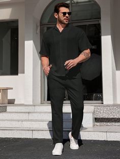 Black Casual Collar   Plain  Embellished Non-Stretch  Men Clothing Men Simple Outfit Casual, Men's Birthday Outfit, Black Tie Mens Attire Summer, Vegas Night Out Outfit Men, All Black Outfit For Men Casual, Wedding Rehearsal Outfit Men, Clubbing Men Outfit, Mens Date Outfit Night, Men’s Black Pants Outfit