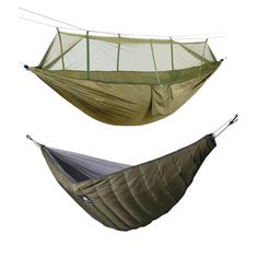 two hammocks hanging in the air with mosquito netting on top and one without