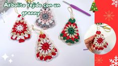 crochet christmas ornaments are being displayed on a table