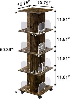 a wooden shelf with clear glass shelves on it and measurements for each shelf in front