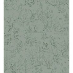 a green wallpaper with rabbits and flowers