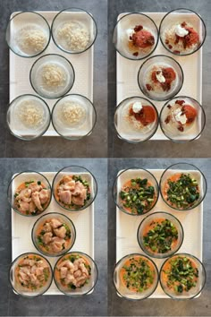 four pictures show the steps to make an appetizer with chicken, rice and vegetables