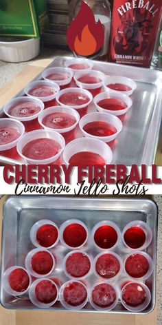 there are many cups with liquid in them on the tray and next to it is a box of cherry fireball cranberry jellie stars