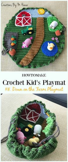 crochet kid's playmat is shown in two different pictures