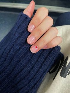 Clear Nails Heart, Clear Mail With Design, Clear Nails With Red Design, Heart Nails Natural, Natural Nails With Small Design, Small Red Heart Nails, Clear Short Nails With Design, Short Nails Clear Design, Short Nail Designs Clear