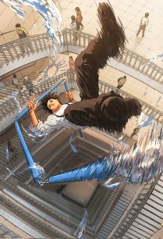 a woman is flying through the air on a staircase