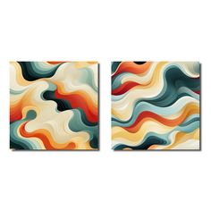 two abstract paintings with different colors and shapes