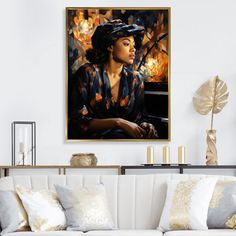 a painting of a woman sitting on a couch in front of a fireplace with gold pillows