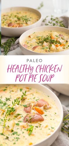 two bowls of healthy chicken pot pie soup with herbs on top and in the middle