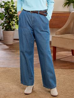 Finding a better fitting jean, shouldn't be a never-ending journey. These denim pants are specifically designed with wide legs for a relaxed, roomier fit. But the comfort doesn't stop there. They are fashioned from soft 100% cotton and have elastic along the back waist so they give when you sit or bend. Finished with a zip fly with metal button closure, front slash pockets, and belt loops. Easy-wearing mid-weight denim Wide-leg styling Flat-front elastic-back waist with belt loops Zip fly with button closure Front slash pockets Approx. 30" inseam 100% woven cotton Machine wash and dry Imported Exclusive to The Vermont Country Store Coordinating Cotton Denim Wide-Leg Shorts (#81791), sold separately | Women's Wide-Leg Cotton Denim Pants - Blue Denim - Large - The Vermont Country Store Classic Wide-leg Denim Bottoms, Classic Wide-leg Denim Pants, Classic Denim Wide Leg Pants With Pockets, Classic Wide Leg Denim Pants With Pockets, Denim Wide-leg Pants For Everyday, Everyday Denim Wide-leg Pants, Everyday Wide-leg Denim Bottoms, Everyday Wide-leg Denim Pants, Contrast Stitch Pants